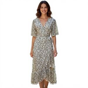 Valiante Boho Leopard Print Maxi Wrap Dress With Tassel & Pom Pom details Size M